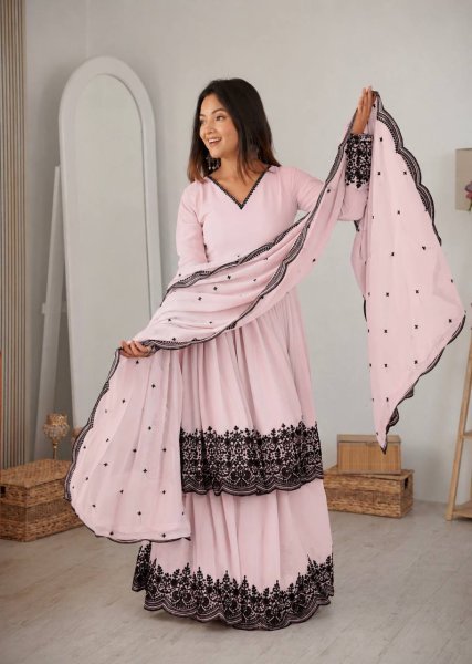  Efficient Faux Georgette Thread Embroidered Palazzo Suit Set With Designer Kurta For Party  Wedding   Festive Wear Ready To Wear Collection