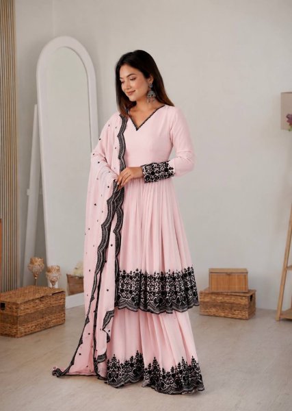  Efficient Faux Georgette Thread Embroidered Palazzo Suit Set With Designer Kurta For Party  Wedding   Festive Wear Ready To Wear Collection