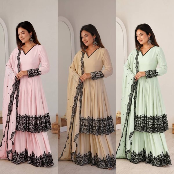  Efficient Faux Georgette Thread Embroidered Palazzo Suit Set With Designer Kurta For Party  Wedding   Festive Wear Ready To Wear Collection