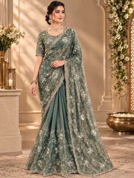 Efficient Grey Fendy Silk Saree with Heavy Beads and Sequin Work at Wholesale Rate Sarees 