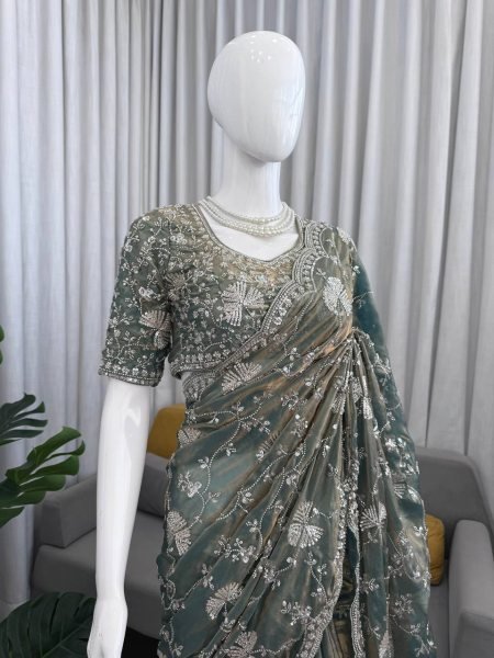 Efficient Grey Fendy Silk Saree with Heavy Beads and Sequin Work at Wholesale Rate Silk Sarees Wholesale