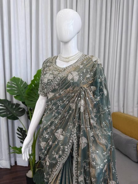 Efficient Grey Fendy Silk Saree with Heavy Beads and Sequin Work at Wholesale Rate Silk Sarees Wholesale