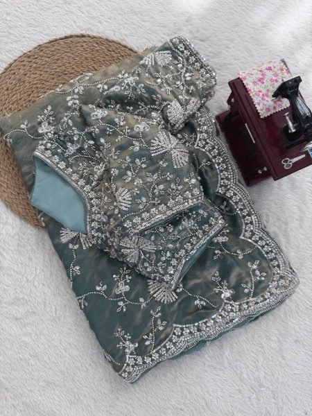 Efficient Grey Fendy Silk Saree with Heavy Beads and Sequin Work at Wholesale Rate Silk Sarees Wholesale
