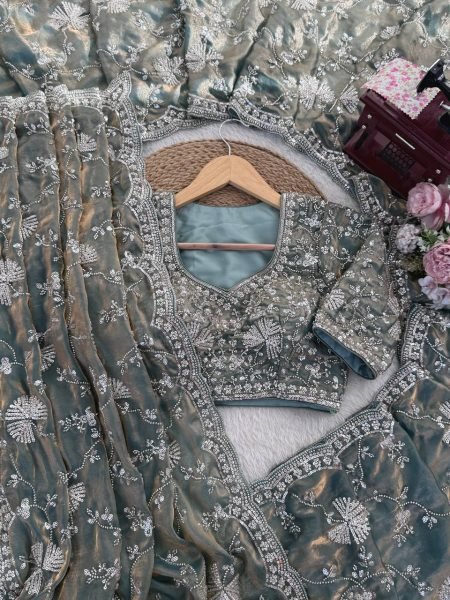 Efficient Grey Fendy Silk Saree with Heavy Beads and Sequin Work at Wholesale Rate Silk Sarees Wholesale