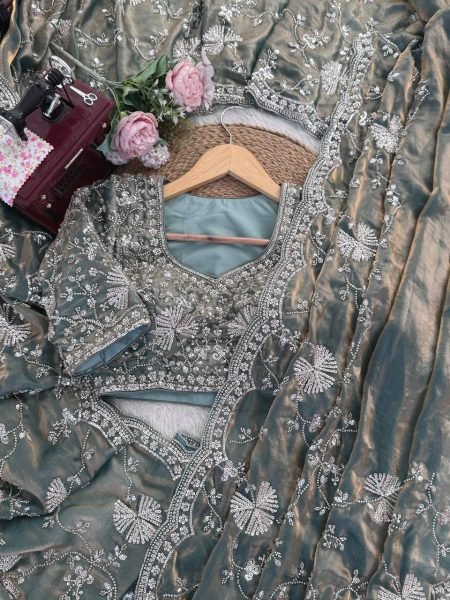 Efficient Grey Fendy Silk Saree with Heavy Beads and Sequin Work at Wholesale Rate Silk Sarees Wholesale