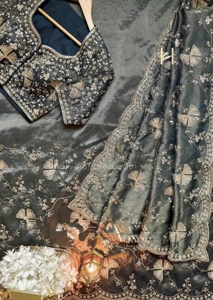 Efficient Grey Fendy Silk Saree with Heavy Beads and Sequin Work at Wholesale Rate Silk Sarees Wholesale
