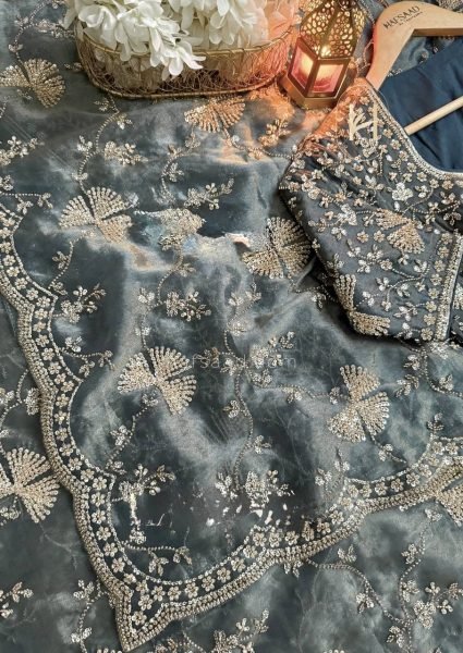 Efficient Grey Fendy Silk Saree with Heavy Beads and Sequin Work at Wholesale Rate Silk Sarees Wholesale