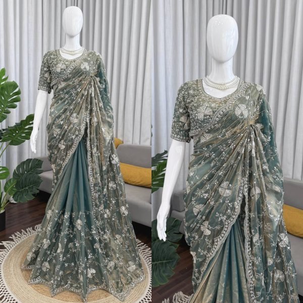 Efficient Grey Fendy Silk Saree with Heavy Beads and Sequin Work at Wholesale Rate Silk Sarees Wholesale