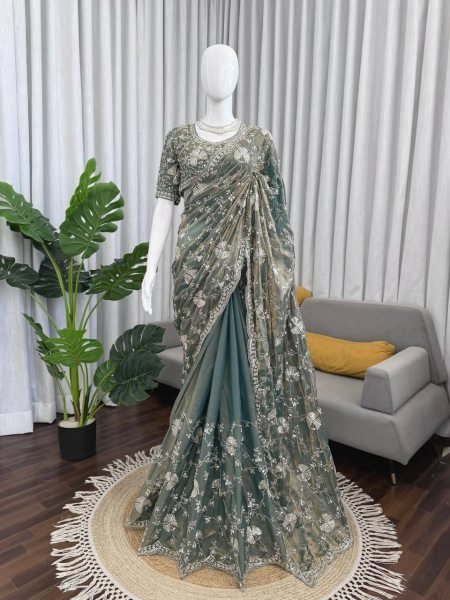 Efficient Grey Fendy Silk Saree with Heavy Beads and Sequin Work at Wholesale Rate Silk Sarees Wholesale