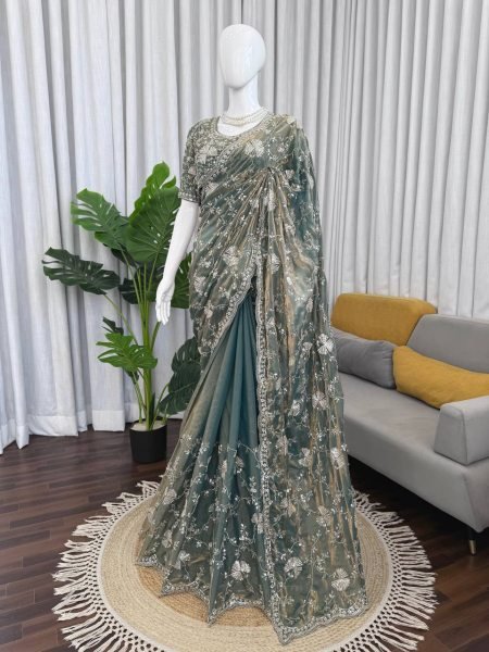Efficient Grey Fendy Silk Saree with Heavy Beads and Sequin Work at Wholesale Rate Silk Sarees Wholesale
