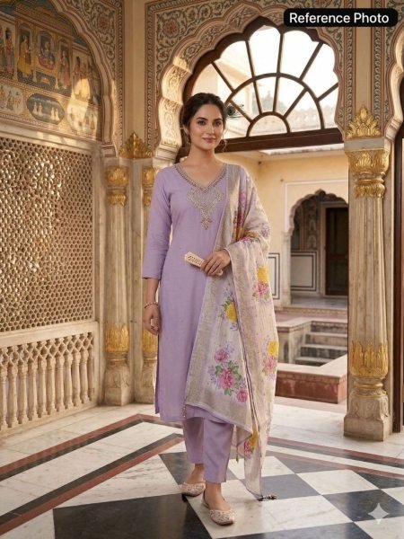 Efficient Lavender Mul Chanderi Kurti Pant Set with Cotton Inner for Daily Wear Kurtis