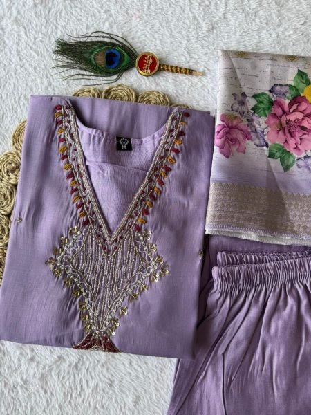 Efficient Lavender Mul Chanderi Kurti Pant Set with Cotton Inner for Daily Wear  Straight Cut Long Kurtis