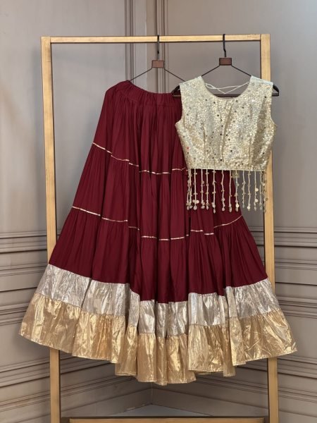 Efficient Maroon Navratri Rayon Lehenga Choli with 12 Meter Flair at Manufacturer Rate Navratri Lehnega Choli