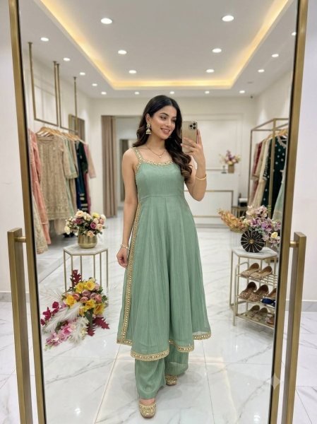 Efficient Mint Green Salsa Crush Silk Cord Set with Real Mirror   Coding Embroidery Work Ready To Wear Collection