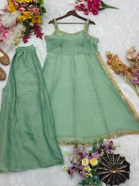 Efficient Mint Green Salsa Crush Silk Cord Set with Real Mirror   Coding Embroidery Work Ready To Wear Collection