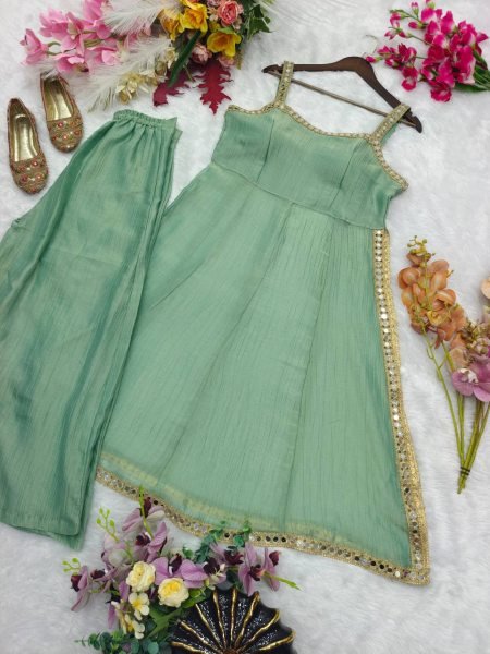 Efficient Mint Green Salsa Crush Silk Cord Set with Real Mirror   Coding Embroidery Work Ready To Wear Collection