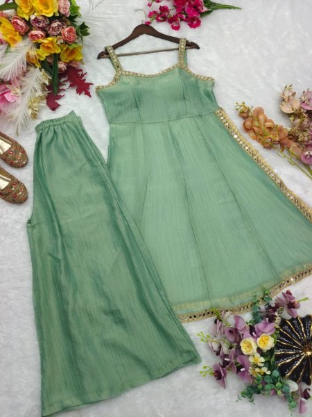 Efficient Mint Green Salsa Crush Silk Cord Set with Real Mirror   Coding Embroidery Work Ready To Wear Collection