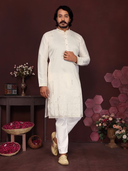 Efficient Off White Men's Smart Silk Kurta Pajama with Traditional Mirror Work for Festivals Kurta Pajama Wholesale