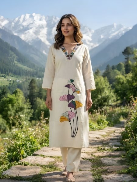 Efficient OffWhite Cotton Kurta Pant Set with Ginkgo Leaf Embroidery At Manufacturer  