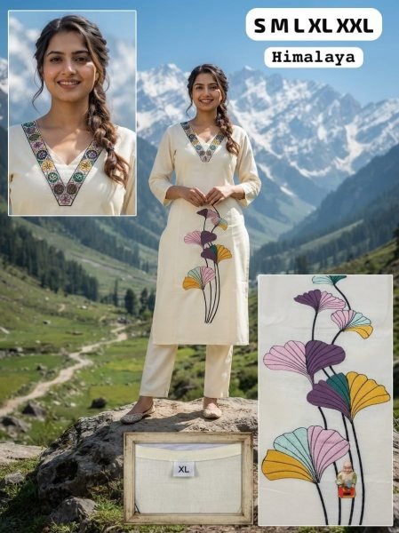 Efficient OffWhite Cotton Kurta Pant Set with Ginkgo Leaf Embroidery At Manufacturer  Cotton Kurtis Wholesale