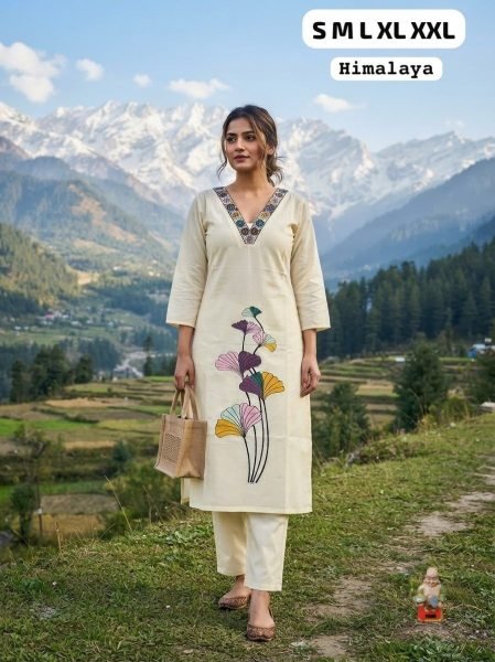 Efficient OffWhite Cotton Kurta Pant Set with Ginkgo Leaf Embroidery At Manufacturer  Cotton Kurtis Wholesale