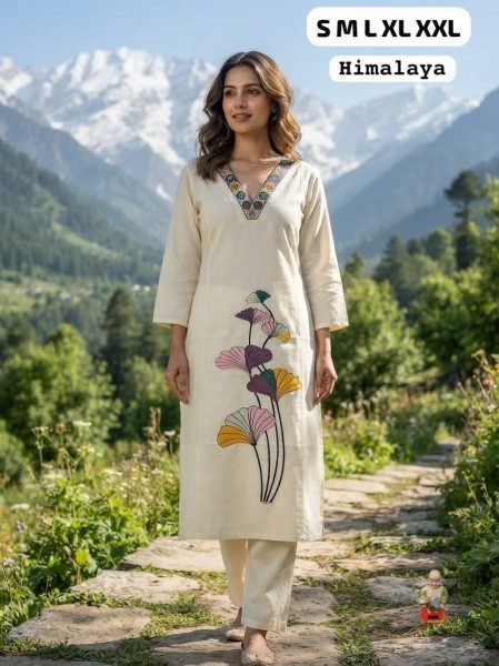 Efficient OffWhite Cotton Kurta Pant Set with Ginkgo Leaf Embroidery At Manufacturer  Cotton Kurtis Wholesale