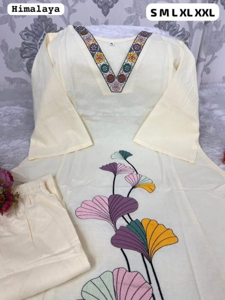 Efficient OffWhite Cotton Kurta Pant Set with Ginkgo Leaf Embroidery At Manufacturer  Cotton Kurtis Wholesale