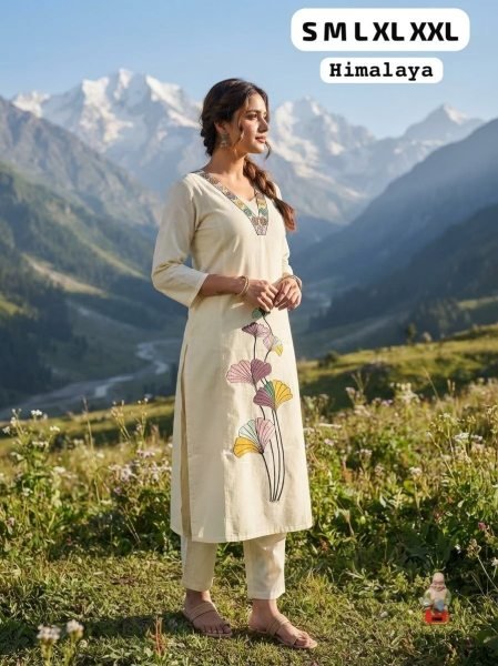 Efficient OffWhite Cotton Kurta Pant Set with Ginkgo Leaf Embroidery At Manufacturer  Cotton Kurtis Wholesale