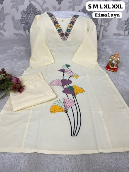 Efficient OffWhite Cotton Kurta Pant Set with Ginkgo Leaf Embroidery At Manufacturer  Cotton Kurtis Wholesale