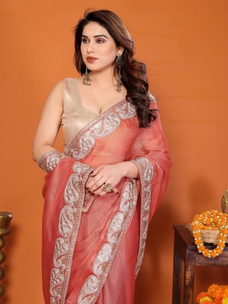 Efficient Orange Chiffon Saree with Rich Embroidery for Party Wear at Manufacturer Rate Embroidery Sarees Wholesale