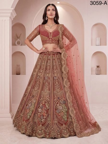 Efficient Orange Peacock Pattern Net Lehenga Choli with Sequins and Zari Embroidery Bridal Lehenga Choli