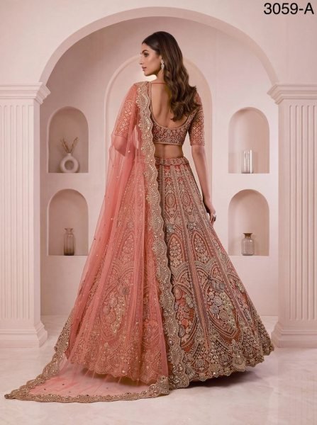 Efficient Orange Peacock Pattern Net Lehenga Choli with Sequins and Zari Embroidery Bridal Lehenga Choli