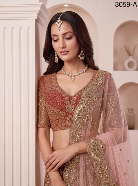 Efficient Orange Peacock Pattern Net Lehenga Choli with Sequins and Zari Embroidery Bridal Lehenga Choli