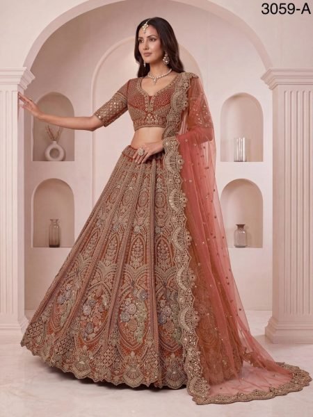 Efficient Orange Peacock Pattern Net Lehenga Choli with Sequins and Zari Embroidery Bridal Lehenga Choli
