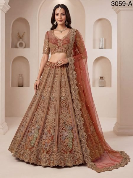 Efficient Orange Peacock Pattern Net Lehenga Choli with Sequins and Zari Embroidery Bridal Lehenga Choli