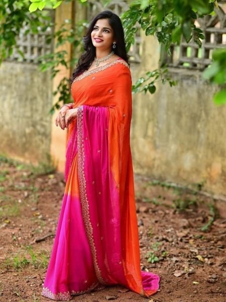 Efficient Orange PinkSoft Chinnon Saree with Heavy Embroidered Unstitched Blouse 