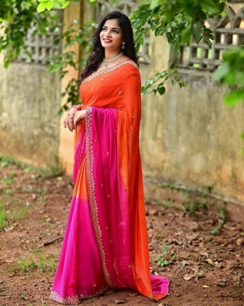 Efficient Orange PinkSoft Chinnon Saree with Heavy Embroidered Unstitched Blouse Embroidery Sarees Wholesale