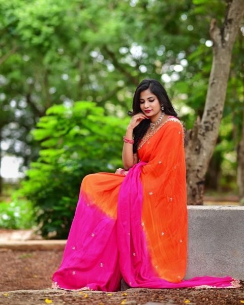 Efficient Orange PinkSoft Chinnon Saree with Heavy Embroidered Unstitched Blouse Embroidery Sarees Wholesale