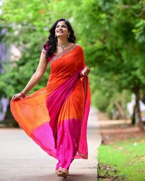 Efficient Orange PinkSoft Chinnon Saree with Heavy Embroidered Unstitched Blouse Embroidery Sarees Wholesale