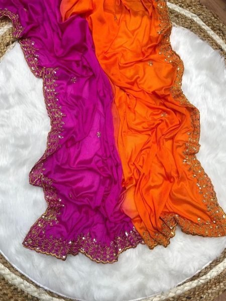 Efficient Orange PinkSoft Chinnon Saree with Heavy Embroidered Unstitched Blouse Embroidery Sarees Wholesale