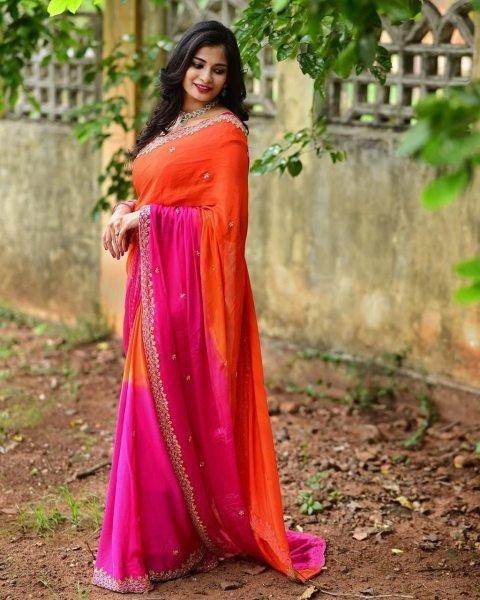 Efficient Orange PinkSoft Chinnon Saree with Heavy Embroidered Unstitched Blouse Embroidery Sarees Wholesale