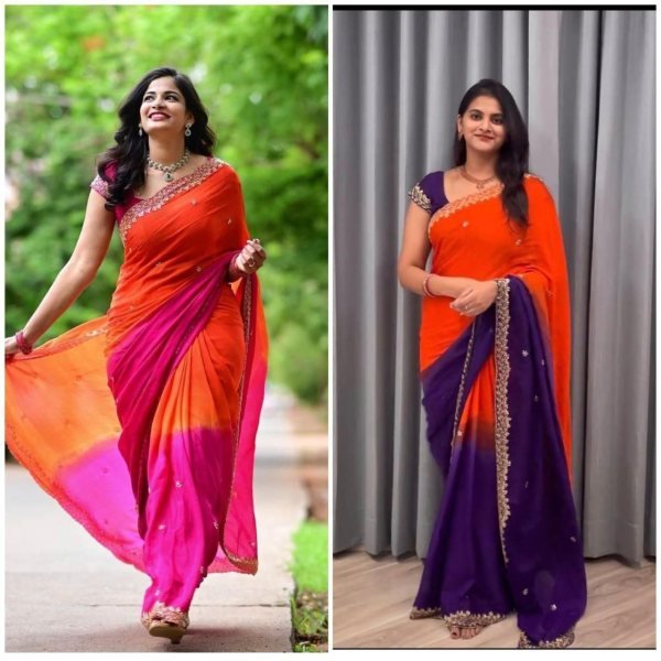 Efficient Orange PinkSoft Chinnon Saree with Heavy Embroidered Unstitched Blouse Embroidery Sarees Wholesale