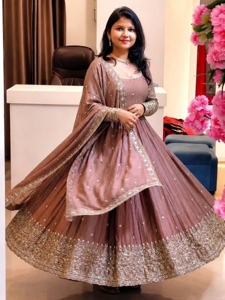 Efficient Peach Crunchy Silk Gown with Sequins Embroidery Work For Party 
