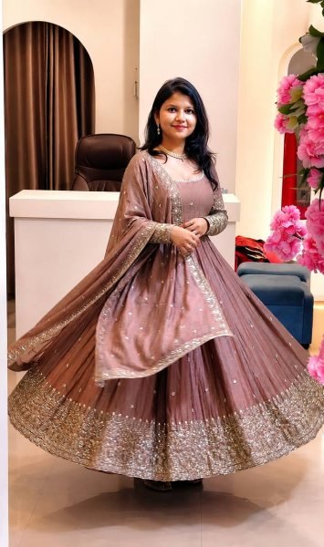 Efficient Peach Crunchy Silk Gown with Sequins Embroidery Work For Party Ready To Wear Collection