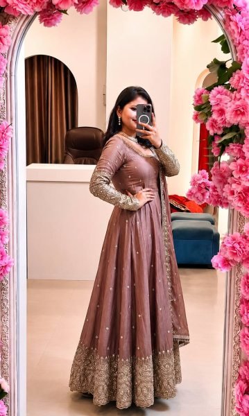 Efficient Peach Crunchy Silk Gown with Sequins Embroidery Work For Party Ready To Wear Collection