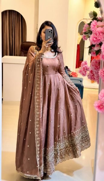 Efficient Peach Crunchy Silk Gown with Sequins Embroidery Work For Party Ready To Wear Collection