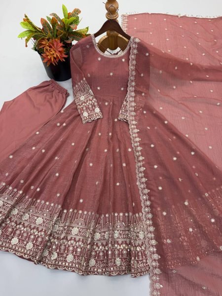 Efficient Peach Crunchy Silk Gown with Sequins Embroidery Work For Party Ready To Wear Collection