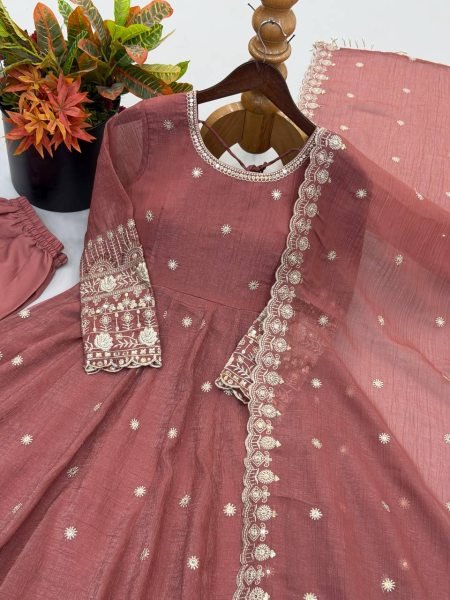 Efficient Peach Crunchy Silk Gown with Sequins Embroidery Work For Party Ready To Wear Collection