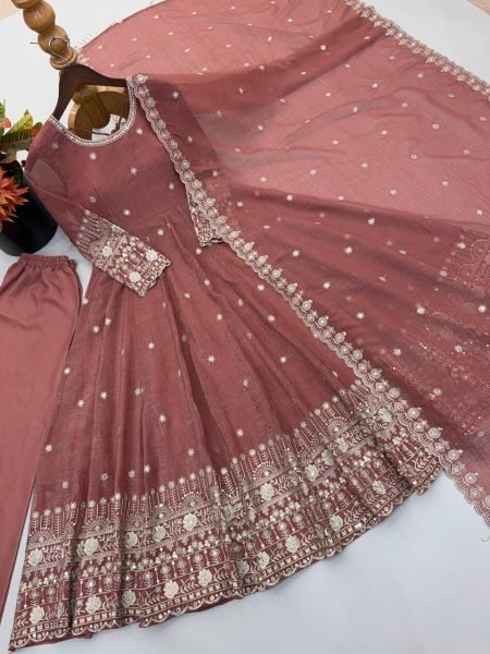Efficient Peach Crunchy Silk Gown with Sequins Embroidery Work For Party Ready To Wear Collection