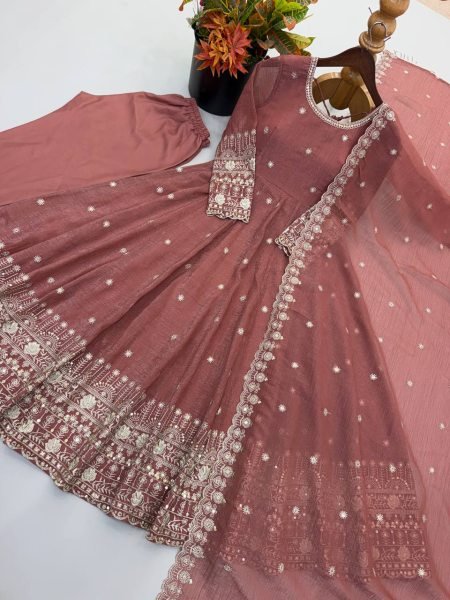 Efficient Peach Crunchy Silk Gown with Sequins Embroidery Work For Party Ready To Wear Collection